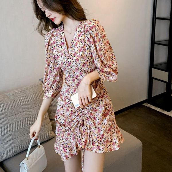 

casual dresses vintage floral chiffon dress women 2021 spring french style v-neck high waist puff sleeve mini vestidos robe, Black;gray