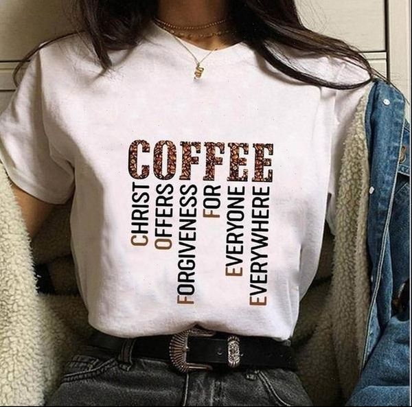 

women coffee letter print t shirt short sleeve o neck loose summer tee camisetas mujer, White