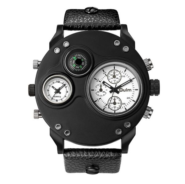 

oulm brand smooth luster celebrity quality quartz watch compass mens watches dual time zone 55mm large dial hardlex pu band wristwatches, Slivery;brown