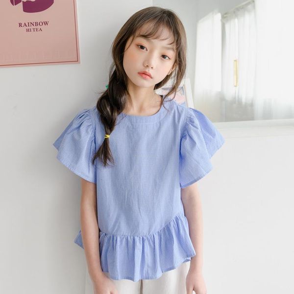 

shirts fashion 2021 summer blouses baby big girls ruffles plaid for kids cotton blue short sleeve blouse children clothing, White;black
