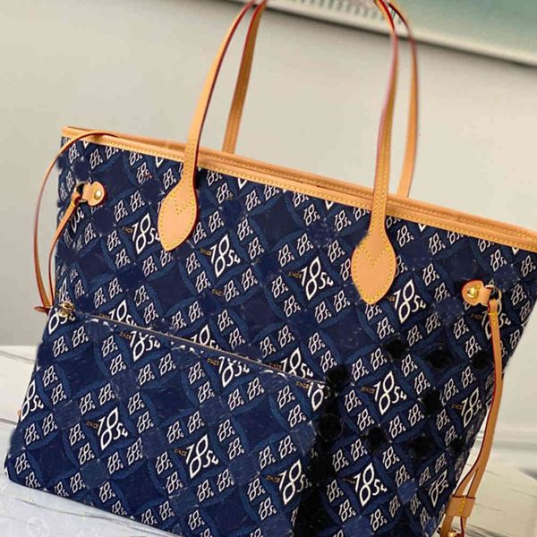 

tote bag fashion handbag denim canvas genuine leather handbags wallet 2pcs set classic letter shoulder bags large capacity lady totes mother