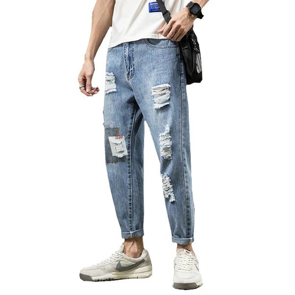

men's jeans spring men brand straight loose hole casual elastic comfort nine points pants male trousers, Blue