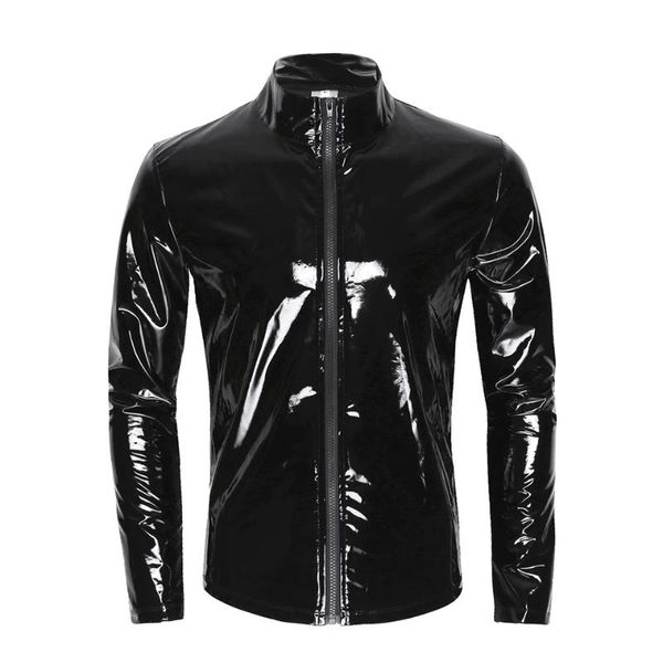 

men's body shapers mens glossy pvc leather shirt male shiny metallic patent jacket sexi erotic shaping sheath latex casual coat, Black;brown