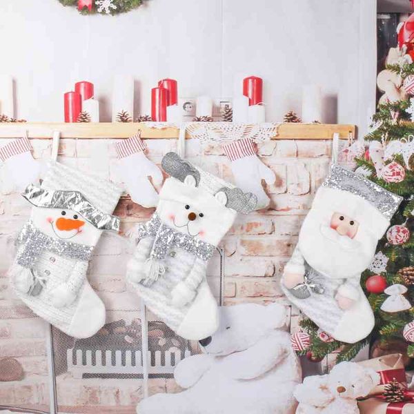 

white silver gift bag tree decorations santa claus snowman elk sequin stockings christmas tree pendant
