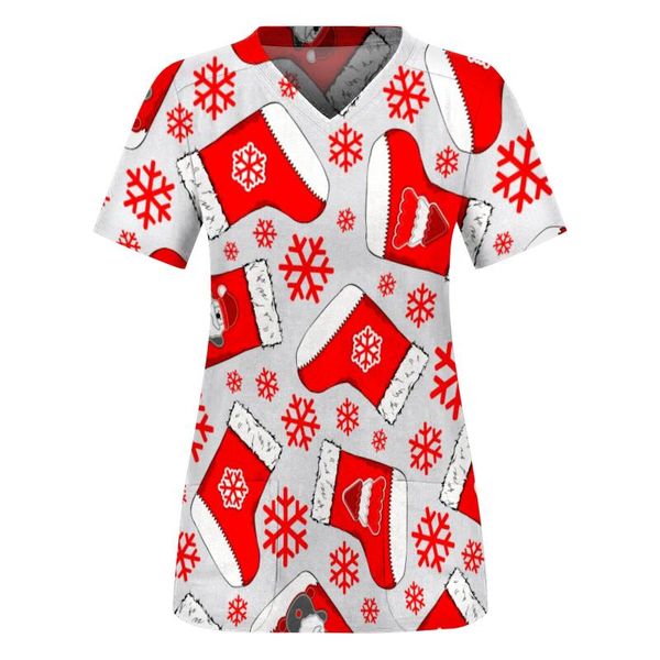 

women's t-shirt nursing scrubs women christmas print t-shirts summer short sleeve v-neck working uniform pocket uniforms, White