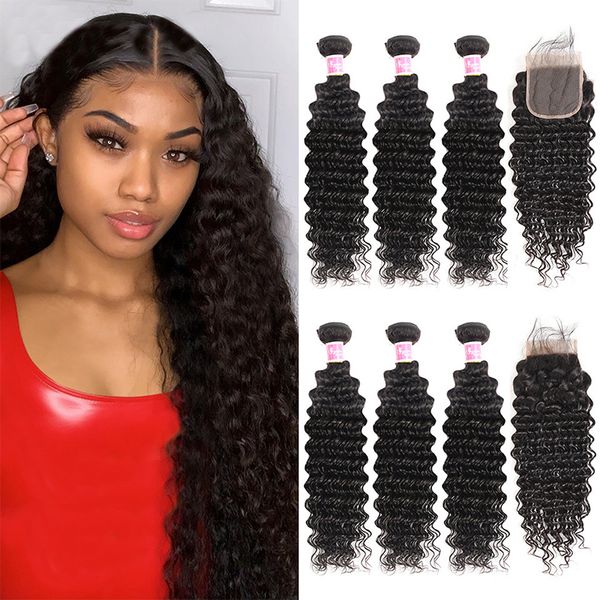 

deep wave brazilian virgin hair bundles with closures non-remy hair bundles with lace closure human hair extensions, Black;brown