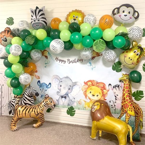 109pcs Jungle Safari Theme Party Balloon Garland Kit Kit Animal Balloons Palm Leafs для детей мальчики день рождения декор для душа 220225