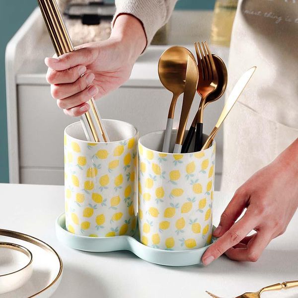 

nordic chopsticks storage ceramic pot household kitchen gadget fork spoon container cn(origin) bottles & jars