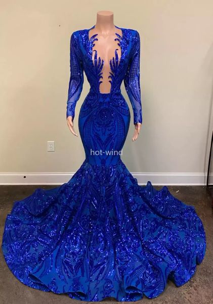 Parlak Uzun Abiye 2022 Seksi Mermaid Uzun Kollu Sheer Boyun Çizgisi Kraliyet Mavi Mermaid Afrika Siyah Kızlar Balo Gala Gowns EE