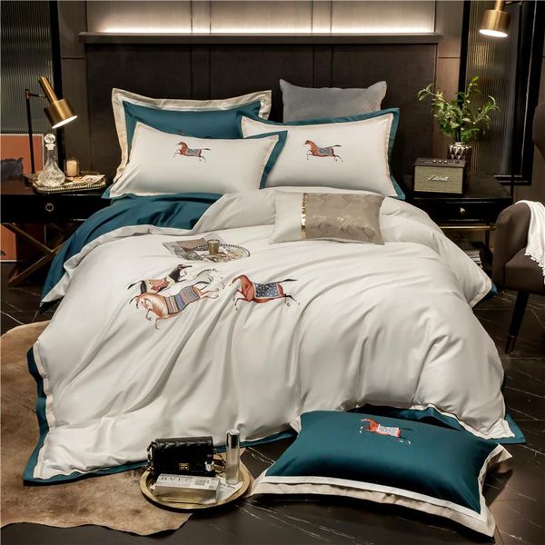 Bettwäsche-Sets Luxus Blau/Weiß 600TC Ägyptische Baumwolle Pferd Stickerei Bettbezug Bett Set Kissenbezüge Doppelblatt Heimtextilien