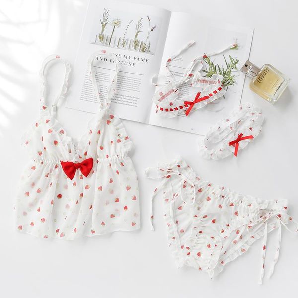 

bras sets strawberry print sling bow knot shorts collar leg ring lingerie set camisole kawaii uniform erotic costume, Red;black
