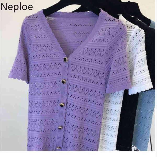 

neploe women cropped cardigan chic hollow out thin knitted sweater coat v-neck short sleeve fashion jacket summer female 210422, White