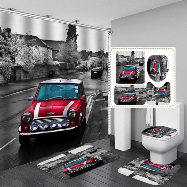 

shower curtains british cars print curtain 4 piece carpet cover toilet bath mat pad set bathroom 12 hooks