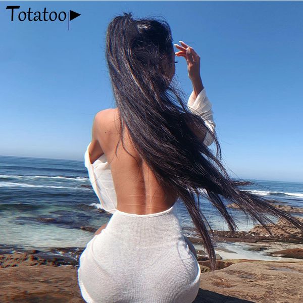 

2021totatoop backless knitted dress women 2021 summer long sleeve open back see through beach cover mini dress femme clubwear, Black;gray