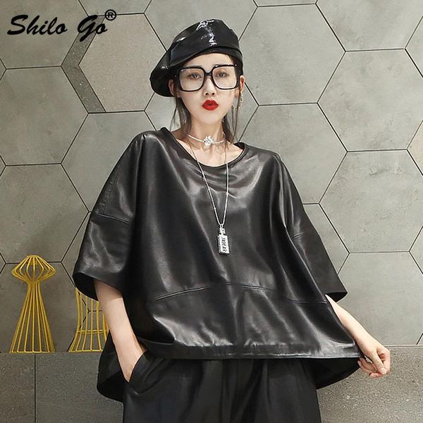 

women's leather & faux plus size o neck flare sleeve pulloves women autumn casual solid sheepskin genuine coat loose oversized outwear, Black