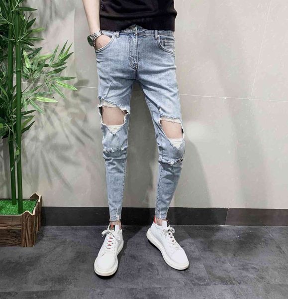 

men's jeans wholesale ripped jeans men's slim feet pants korean stretch raw ee trendy beggar ankle length jaxd, Blue