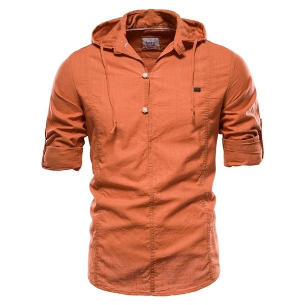 Design Camicia di lino a maniche lunghe con cappuccio da uomo Camicia da uomo tinta unita 100% cotone di qualità per uomo Streetwear Camicie da uomo 210708