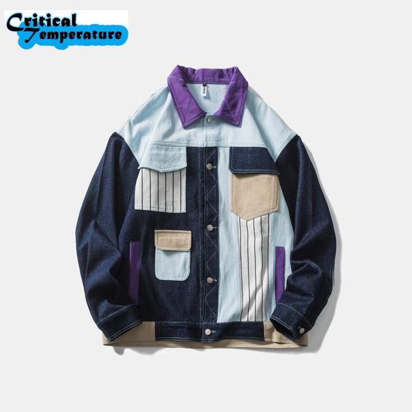 

men's jackets hip hop color block patchwork denim jacket streetwear embroidery letter jeans 2021 men autumn harajuku cotton coat, Black;brown