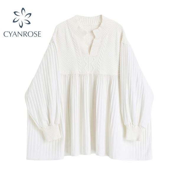 

oversized white knitted shirt dress women korean vintage pleated crop midi ladies puff long sleeve elegant sweet vestidos 210515, Black;gray