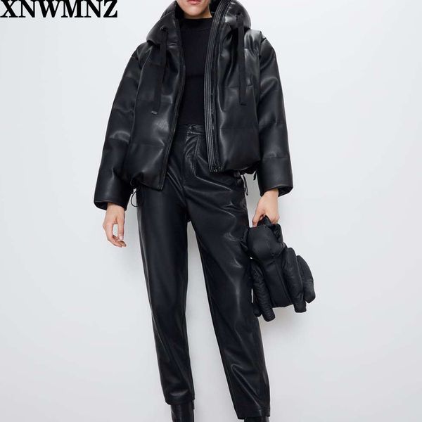 

za women black fur faux leather jacket coat oversized zipper winter female thick pu hooded jacket overcoat 210510