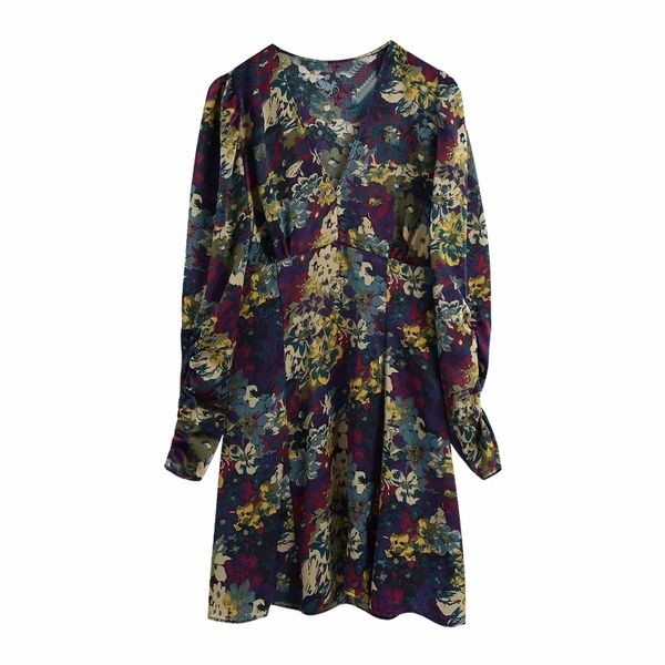 

spring women vintage flower printing puff sleeve mini dress female v neck slim clothes casual lady vestido d7076 210430, Black;gray