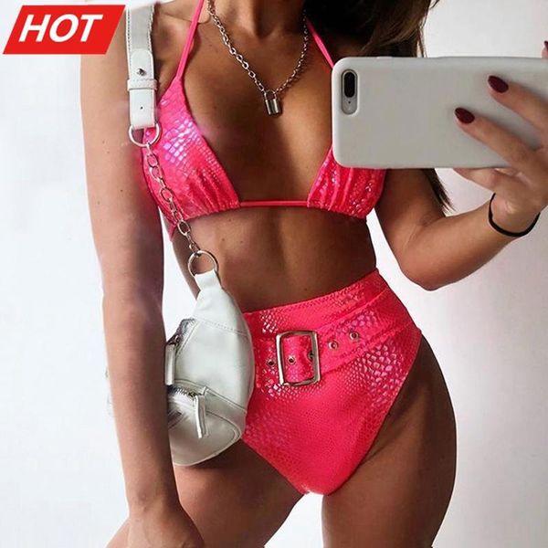 

high waist bikini set neon pink triangle swimsuit female push up swimwear women summer bathers belt bathing suit women's, White;black