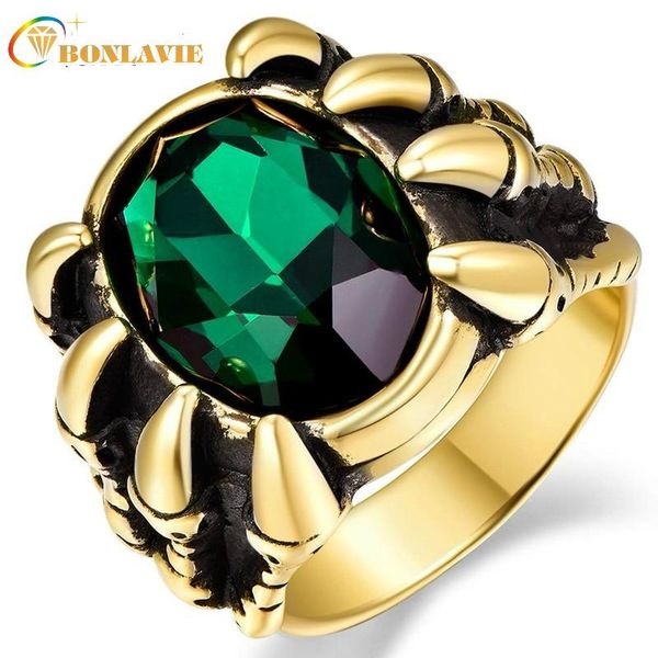 

cluster rings men's ring vintage stainless steel royal blue/green/red crystal inlay dragon claw wedding band, Golden;silver