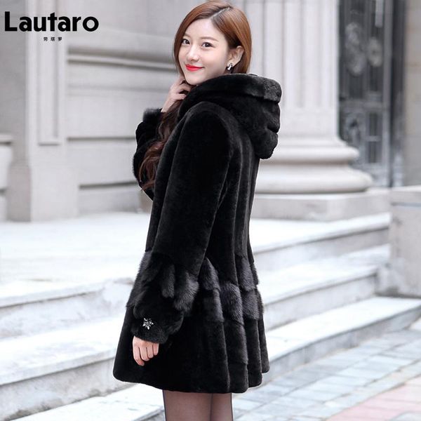 

women's fur & faux lautaro winter long black skirted warm patchwork coat women hood sleeve fluffy jacket elegant luxury fashion 2021
