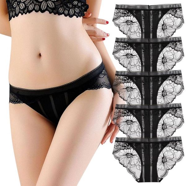 

women's panties 5pcs women lace lingerie low-waist embroidery thong transparent hollow out underwear female g string intimates, Black;pink