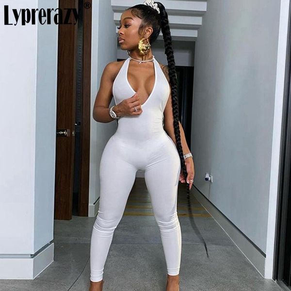 

women's jumpsuits & rompers lyprerazy women halter sleeveless v neck backless fitness jumpsuit female lucky label leggings bodycon, Black;white