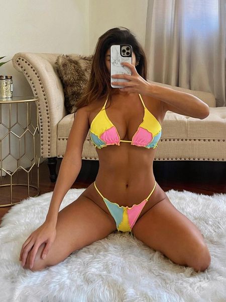 

women's swimwear colorful splicing bikini halter women swimsuit micro low waist push up bathing suit for bather 2021 lady, White;black