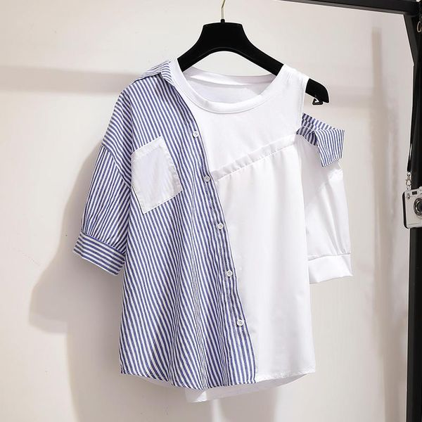 

women's blouses & shirts jsxdhk summer women striped casual polyester cotton shirt half sleeve patchwork pockets o-neck office lady, White