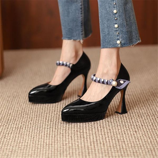 

dress shoes sarairis great quality platform elegant high heels pearls mary janes pumps trendy genuine leather woman, Black
