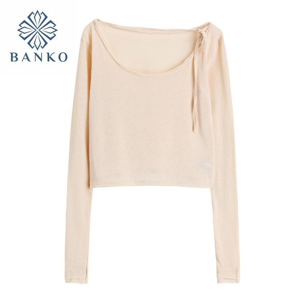 

women's t-shirt korean thin t shirt women long sleeve loose deep crewneck chic bandage design tees 2021 basic see through retro fe, White