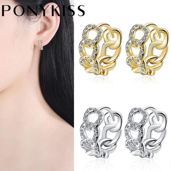

hoop & huggie ponykiss hiphop 925 sterling silver twist chain zircon 18k gold plated earrings for women punk fine jewelry drop, Golden;silver