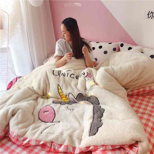 

twin  king size unicorn bedding set fleece warm kids fitted bed sheet duvet cover parrure lit juego de cama