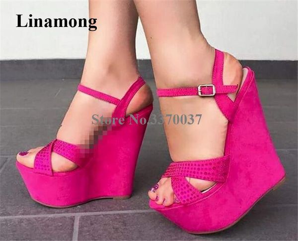 

summer women open toe suede leather high platform wedge sandals crystal rose pink height increased dress heel, Black