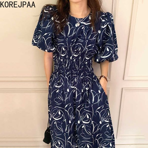 

summer korean chic temperament elegant commute print round collar pleated bouquet waist bubble sleeves long dress 210526, Black;gray