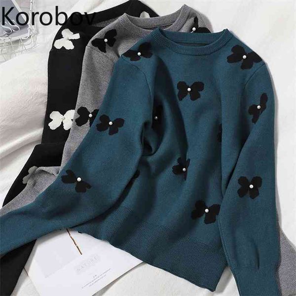 

korobov korean sweet o neck long sleeve pullovers sweaters elegant vintage butterfly pearls sueter mujer elegant jumper femme 210430, White;black