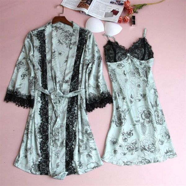 

bathrobe women party bridesmaid robe 2021 spring silk printing 2 pcs set lingerie kimono satin nightgown women's sleepwear, Black;red