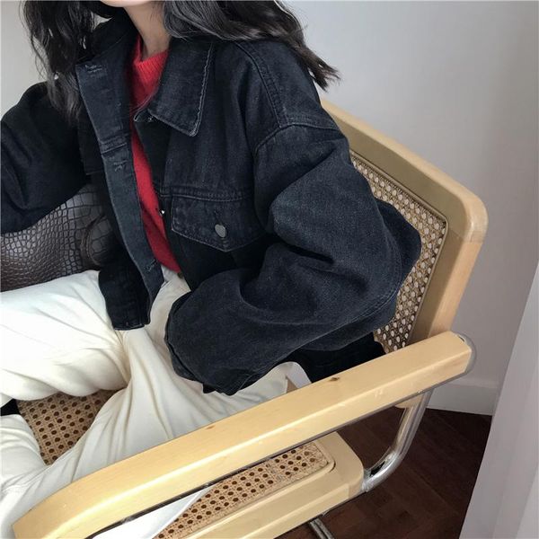 

women's jackets chic short denim jacket female spring korea vintage bf solid fashion oversize loose casual women shirt, Black;brown