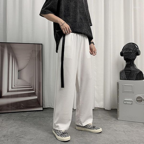 

men's pants summer belt pleated fashion black/white casual men japanese streetwear hip-hop wide-leg mens trousers