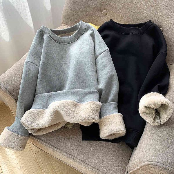 

sweater 2020 new women's thickened plush loose korean autumn and winter solid color lamb pullover coat, Blue;black