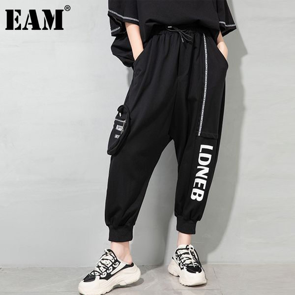 

[eam] high elastic black letter print pocket waist trousers loose fit pants women fashion spring autumn 1dd8137 210512, Black;white