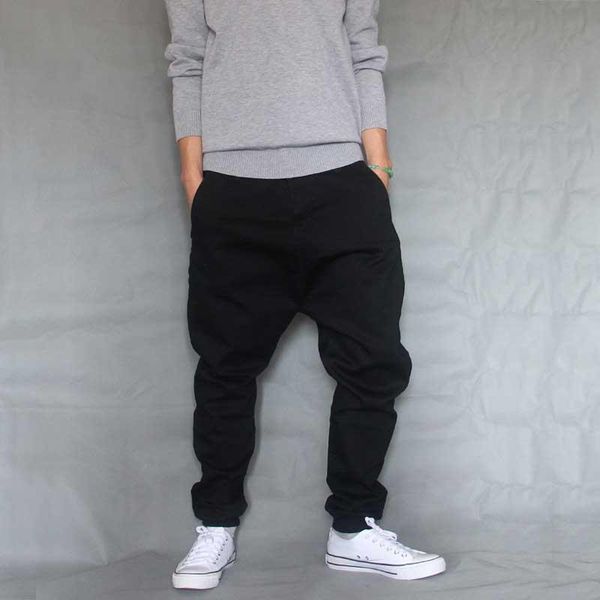 

men's pants trendy elastic casual harem feet men stretched hip hop trousers loose baggy cotton joggers fashion man clothing, Black