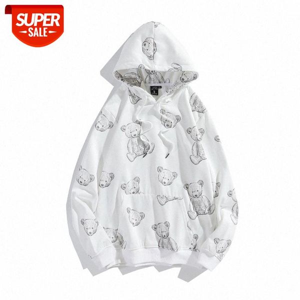 

autumn fashion brand men's chinese style cartoon little bear print plus velvet loose hooded sweater for men and women of the same #hu9g, Black