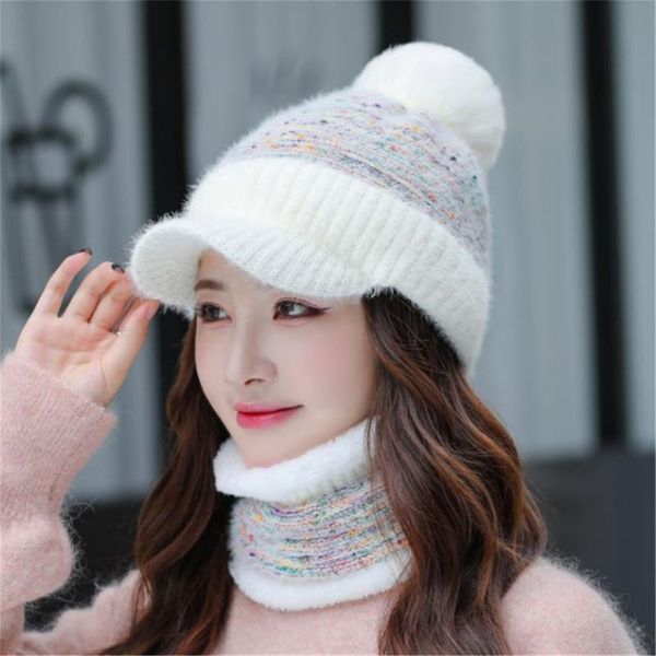

berets female warm fur knitted hat and scarf set woman plus velvet collar thickening hats winter beret for ladies, Blue;gray