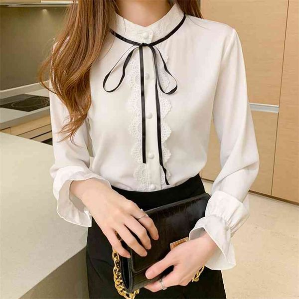 

spring white shirt women korean bow sweet chiffon blouses fashion long sleeve elegant office lady blusas 210421