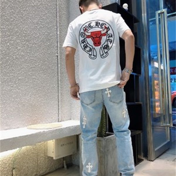 

fashion outlet 21ss chrome xia chao horseshoe embroidery bull cross short sleeve casual t-shirt for men and women, Blue