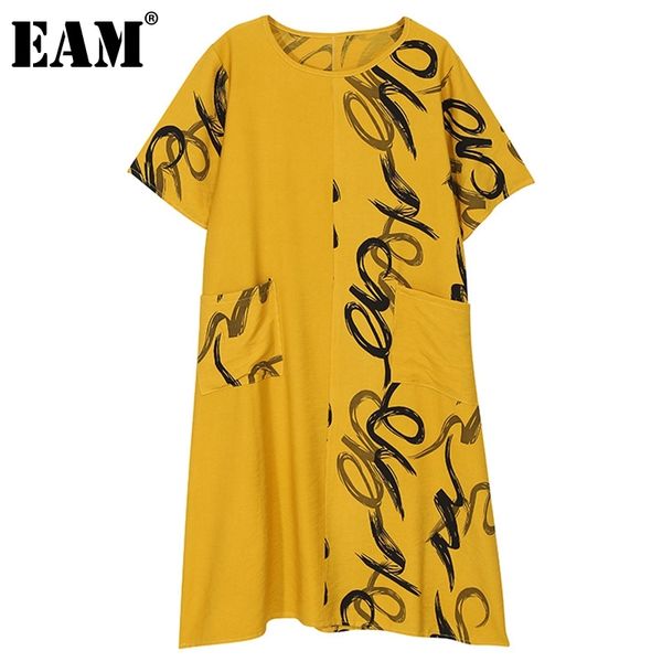 

[eam] women yellow letter print dress asymmetrical round neck short sleeve loose fit fashion spring summer 1dd7139 210512, Black;gray